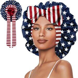 American Flag Satin Sleep Bonnet – Patriotic Stars & Stripes with Oversized Bow